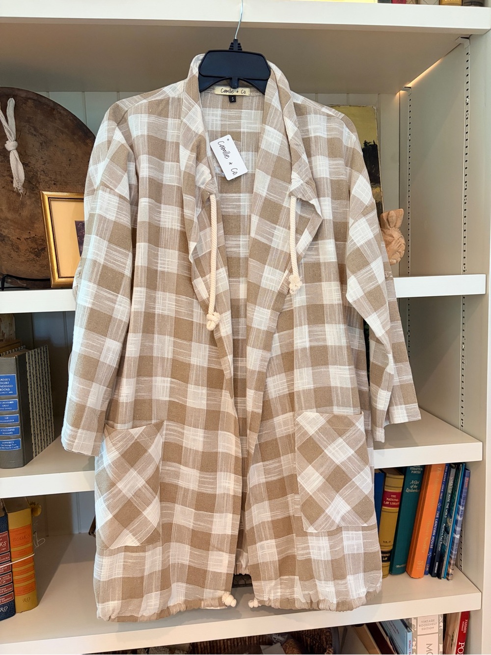 Camille & Company Summer Cardigan Linen/Rayon Taupe and White Plaid Size S NWT